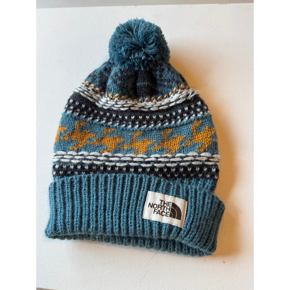 The North Face Fair Isle Pom Pom Beanie Teal Mustard Black Winter Knit Hat